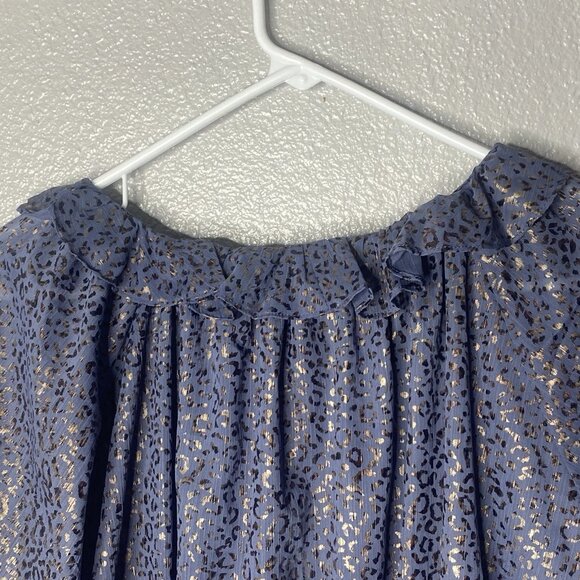 Entro Top Ladies Blue w/ Metallic Gold Leopard 3/4 Sleeves Ruffled V Neck - Picture 8 of 13